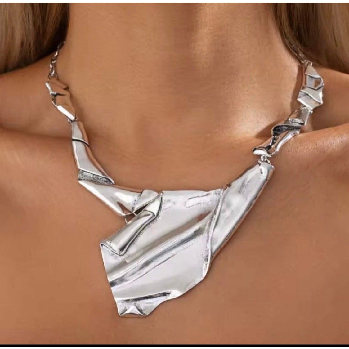 Collar Necklace Silver Crumpled Molten Metal Brut Alexis Bittar Style M29
